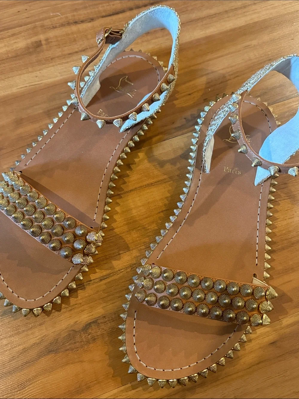 Christian Louboutin Brown Leather Studded Flat Sandals with Gold Spikes size 40